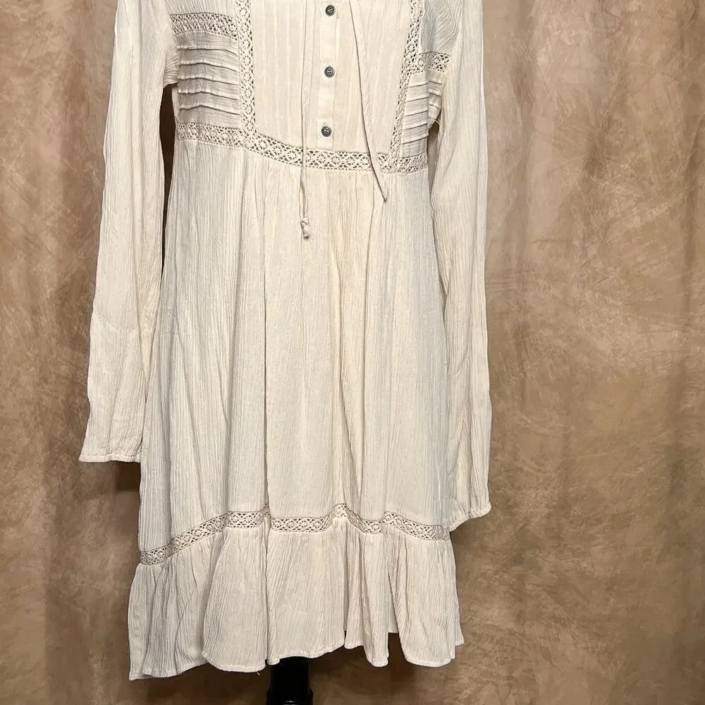 Free People Sweet Treat Mini Shirt Dress Crinkle Long Sleeve Tunic Cream Peasant
